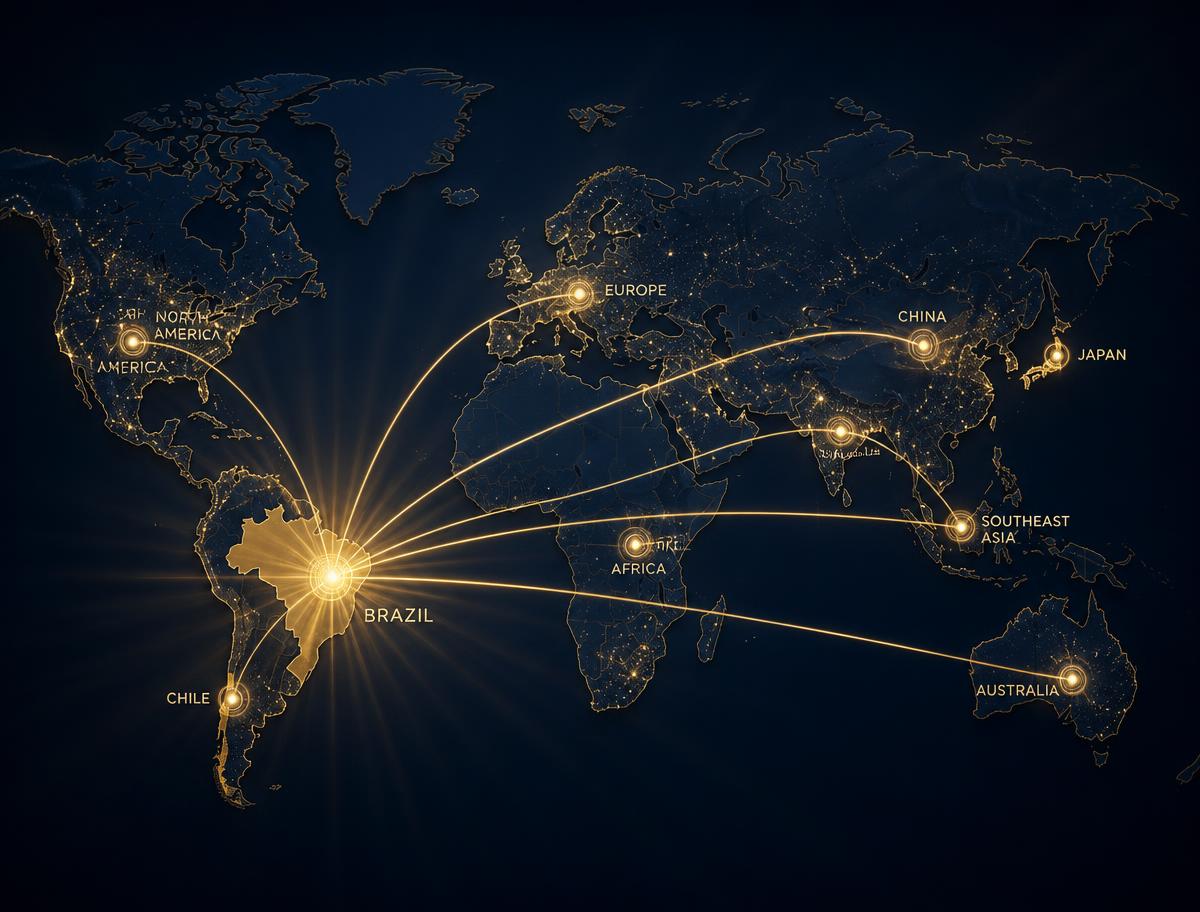 Mapa-múndi com linhas conectando mercados globais